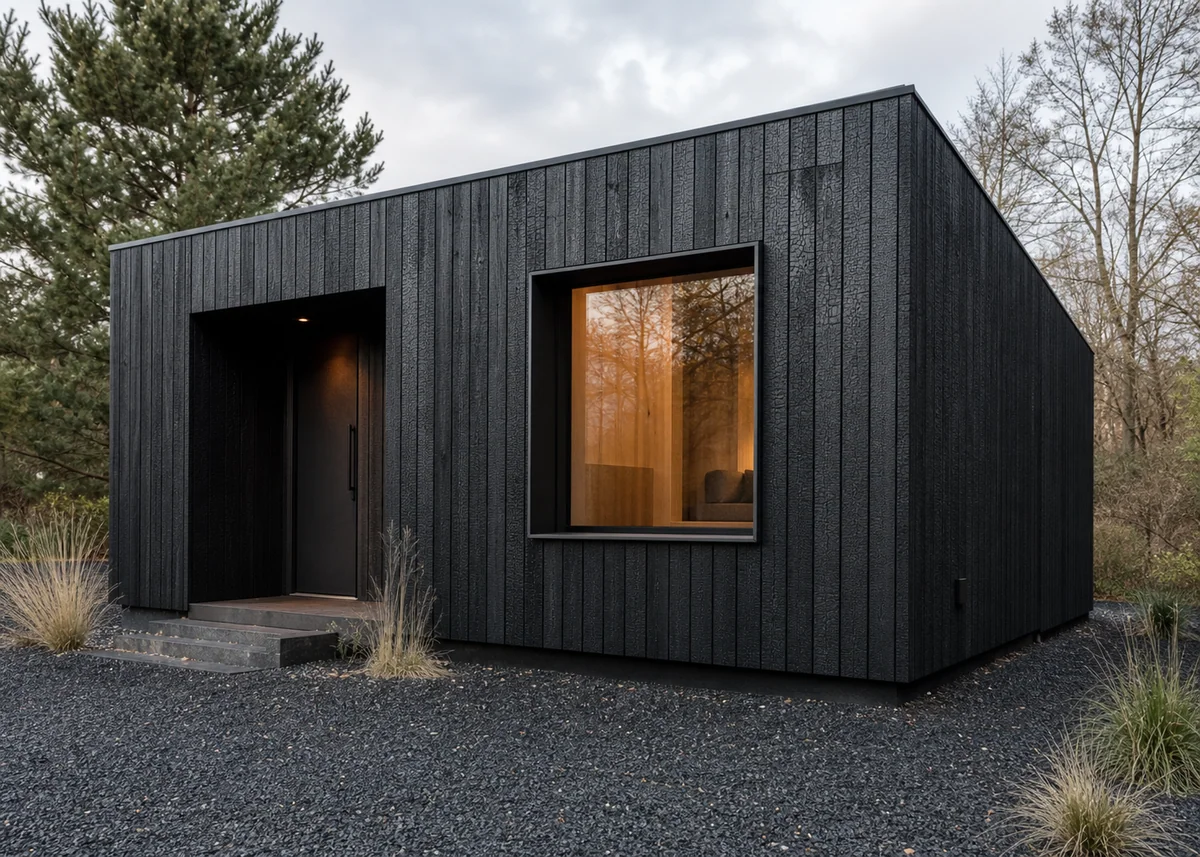 minimalist house front design: Black minimalist house facade in charred timber with a single square window