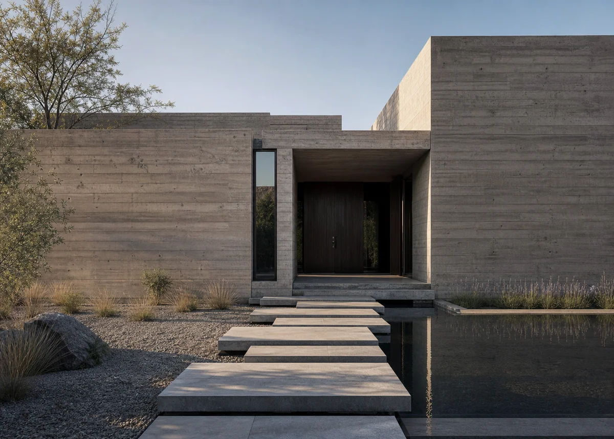 minimalist house front design: Minimalist board-marked concrete house front with recessed entry and reflecting pool