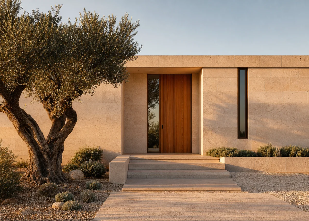 minimalist house front design: Warm minimalist limestone house front with concealed timber door