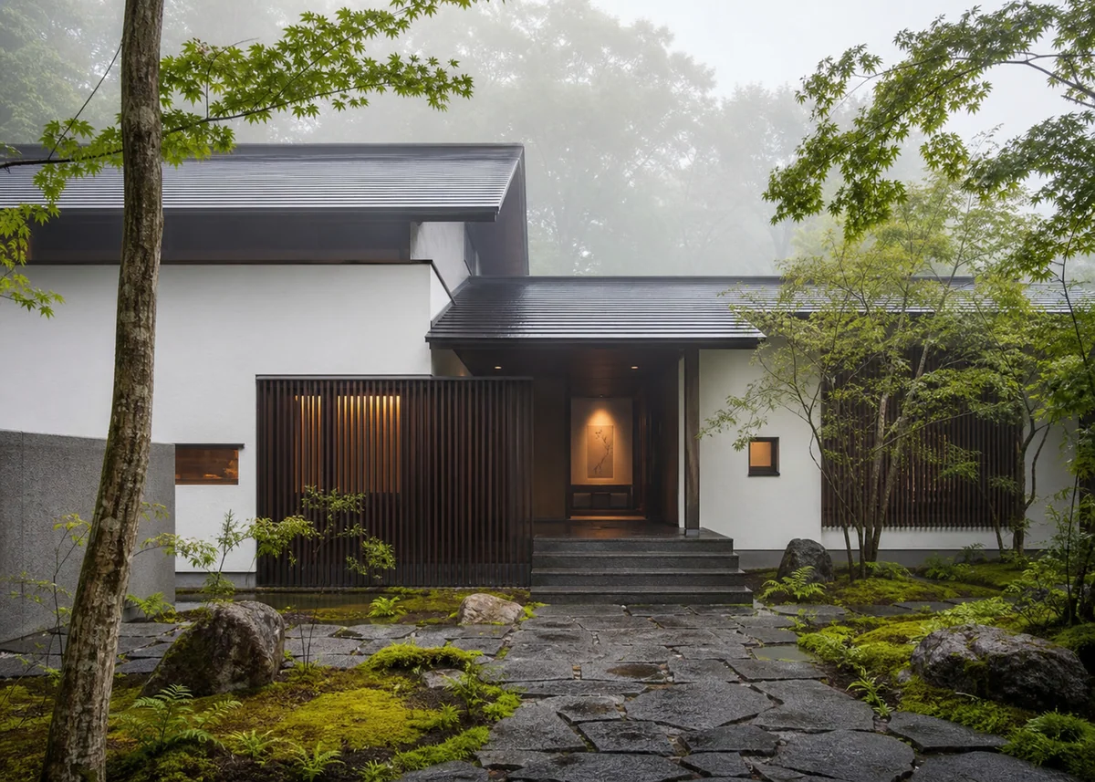 minimalist house front design: Japanese-influenced minimalist house front with timber slat screen and moss garden