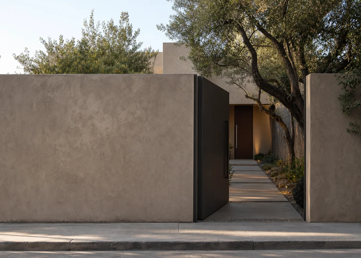 minimalist house front design: Minimalist entry sequence with blank wall, pivot gate and walled path
