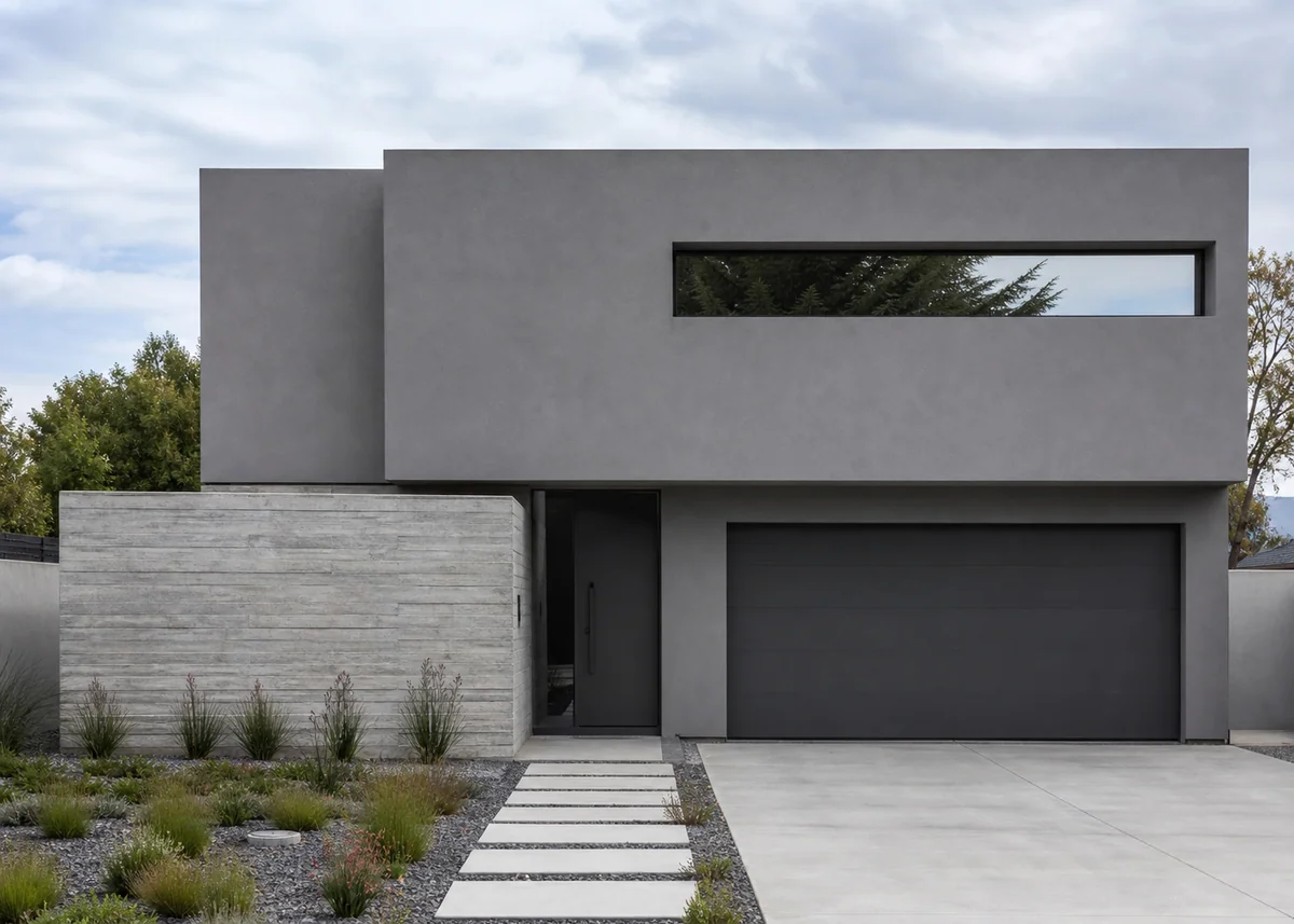 minimalist house front design: Grey minimalist house front with stacked volumes and one slot window