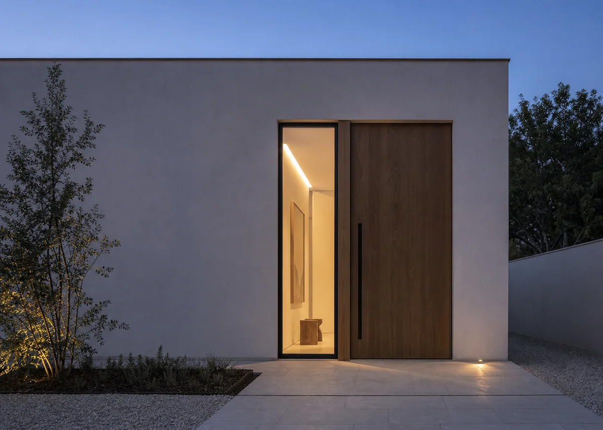 minimalist house front design: Minimalist facade at dusk with glowing full-height glass slot beside the door