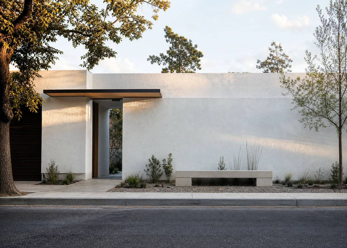 minimalist house front design: Windowless minimalist street facade with thin cantilevered canopy