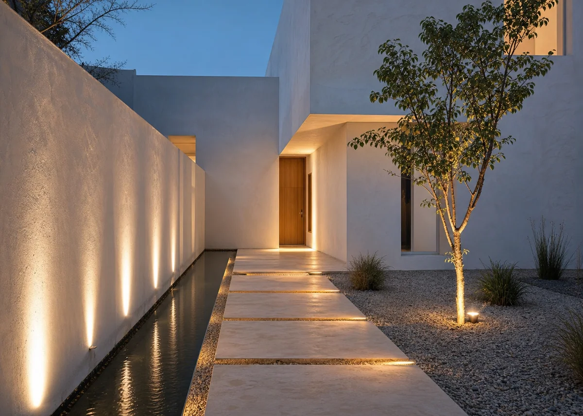minimalist house front design: Minimalist house entry with thin water rill and stepping stones