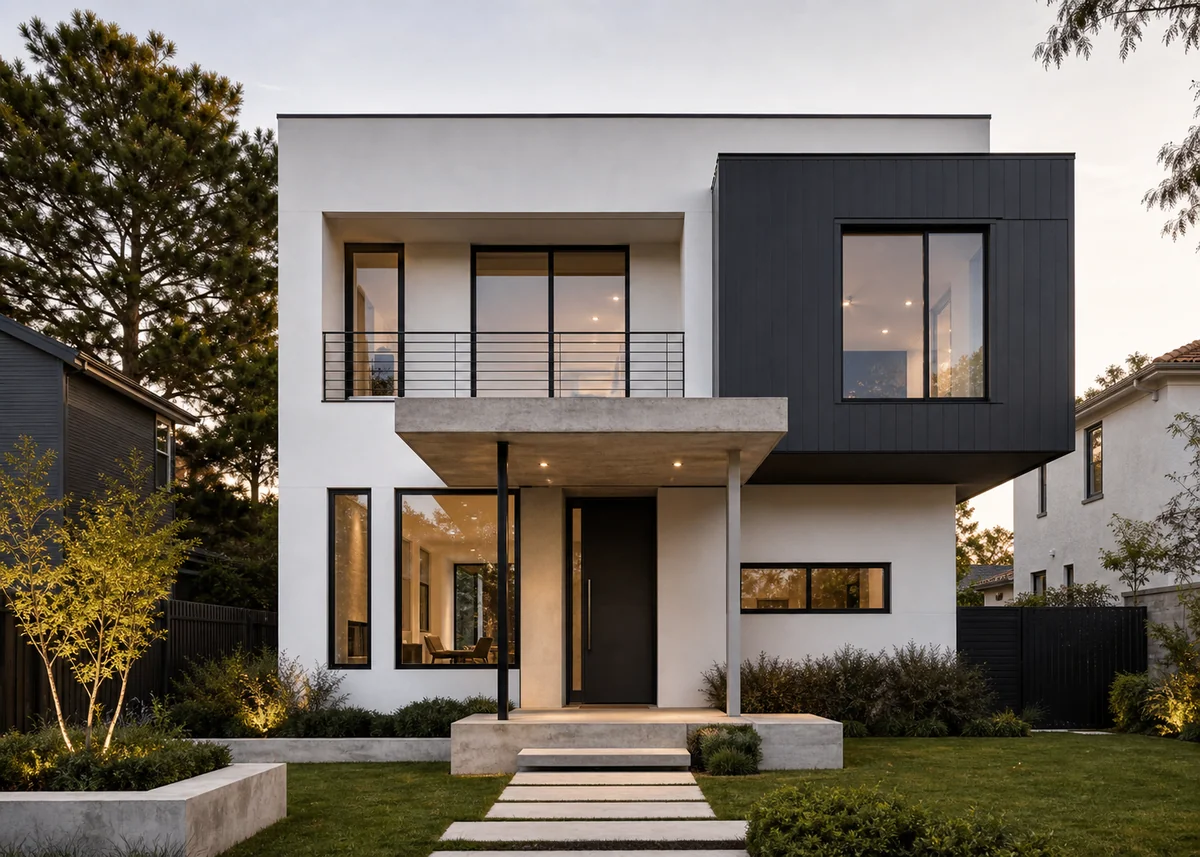 modern house front design: Modern two-storey house front design with white and charcoal facade and cantilevered upper floor