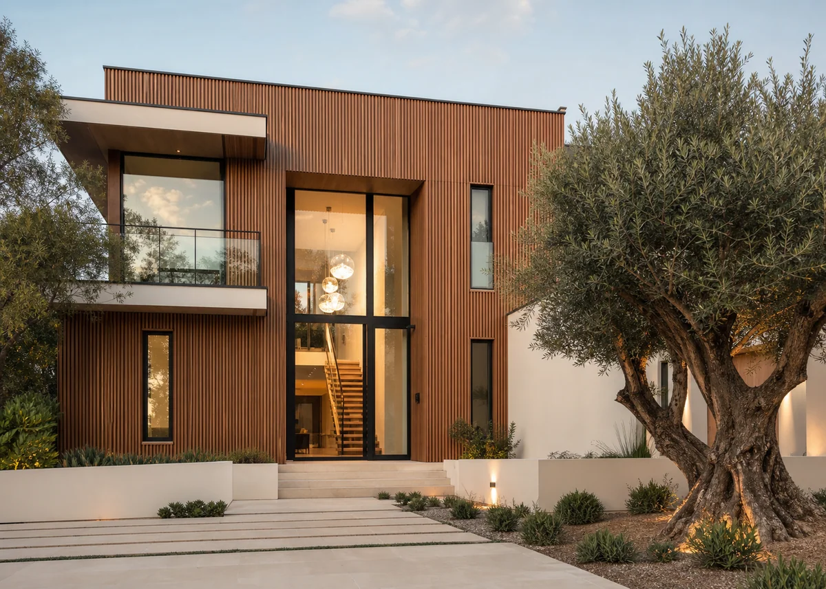 modern house front design: Modern house front with warm vertical wood slats and full-height glass entry