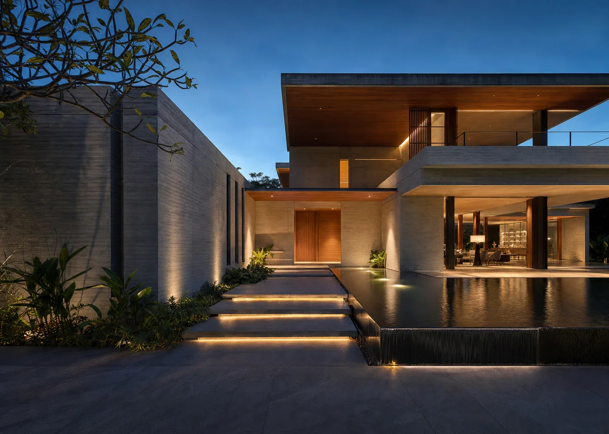 modern house front design: Luxury modern villa front elevation with exposed concrete, teak accents and water feature