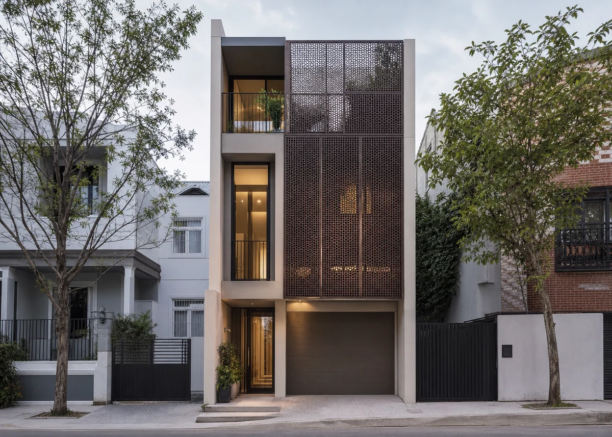 modern house front design: Narrow-plot modern house front design with perforated metal screen facade