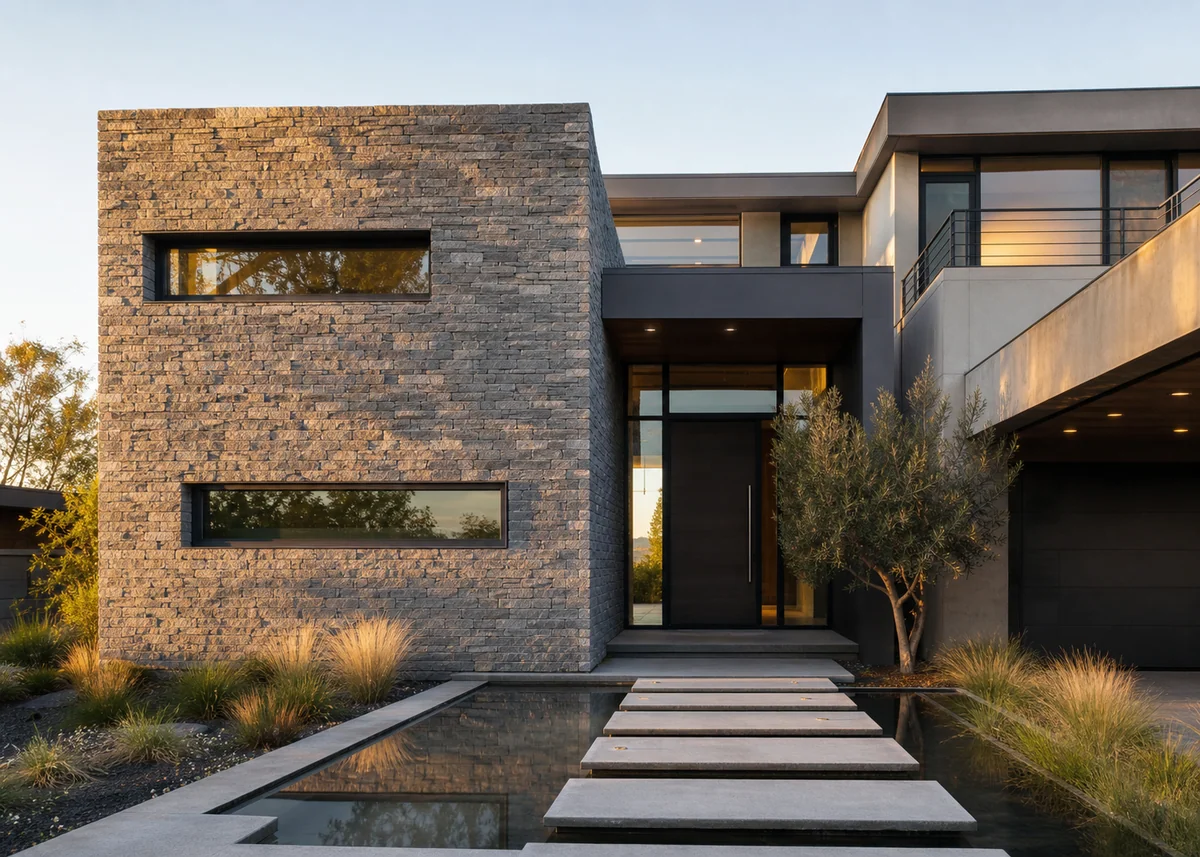 modern house front design: Modern front elevation with grey stone feature wall and floating entry steps