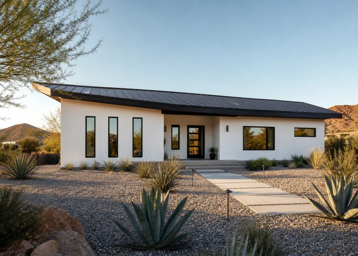 modern house front design: Single-storey modern house front with mono-pitch roof and desert landscaping