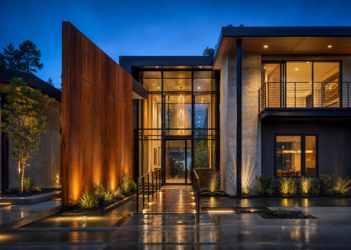 modern house front design: Modern house front design with double-height glass entrance and corten steel wall