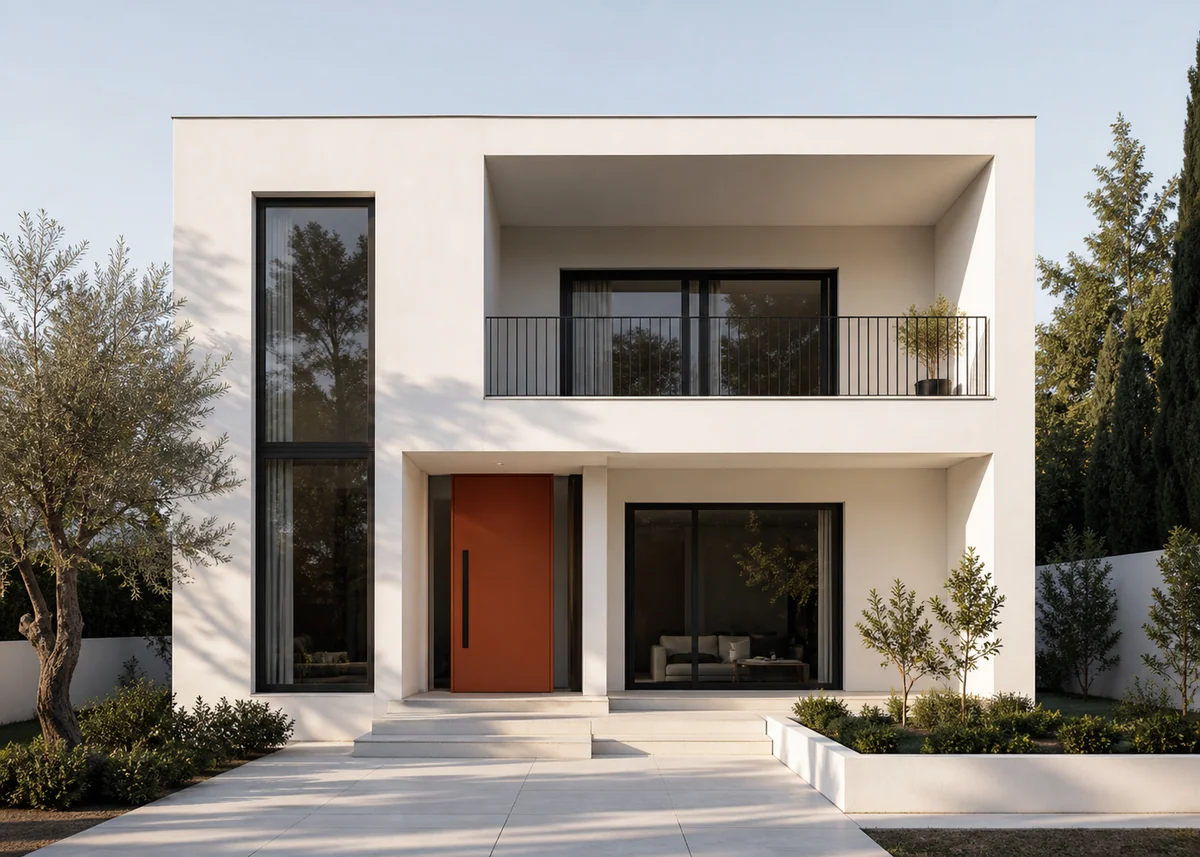 modern house front design: Minimal white modern house front elevation with terracotta pivot door