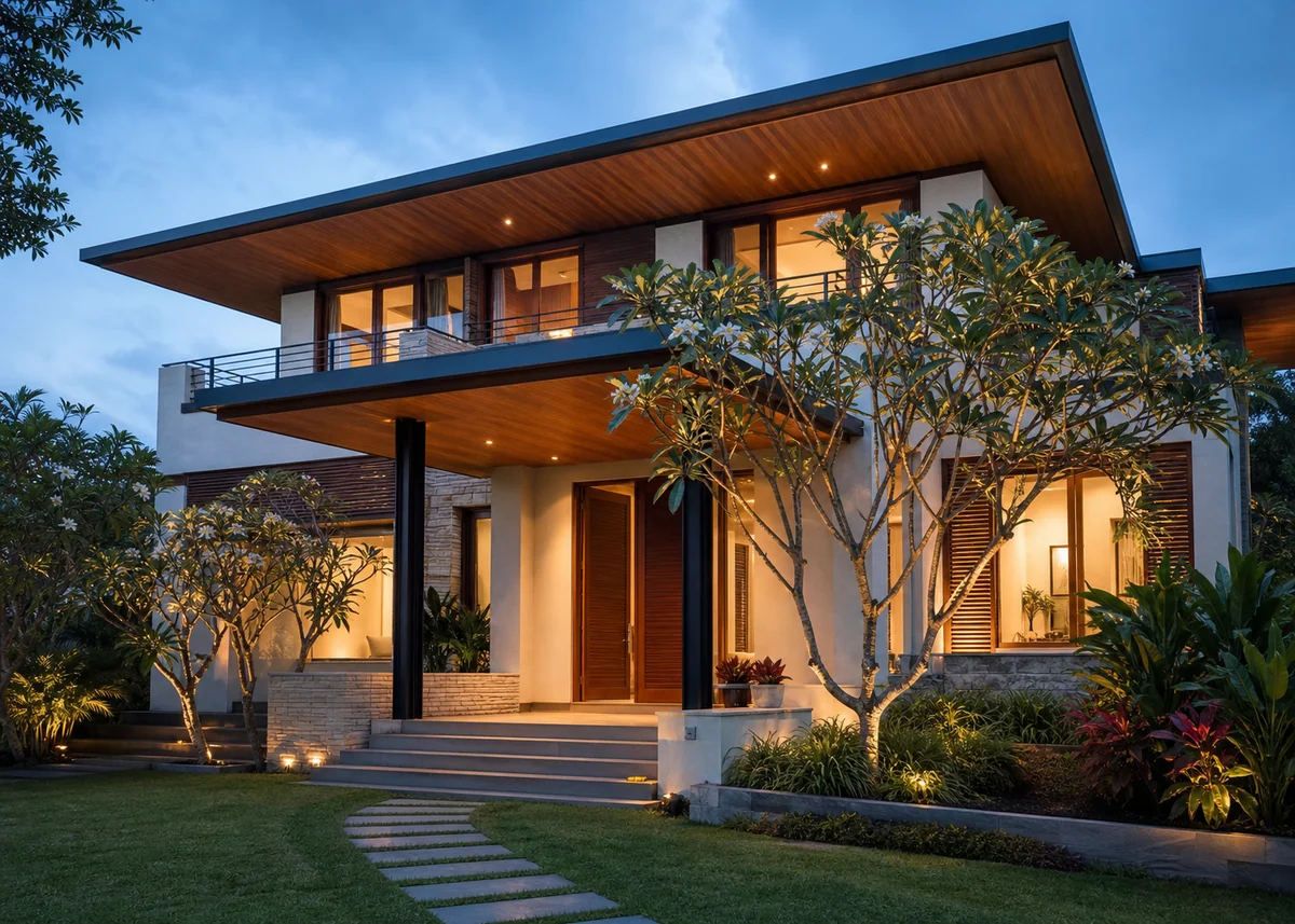 modern house front design: Modern tropical house front design with deep roof overhangs and timber soffit
