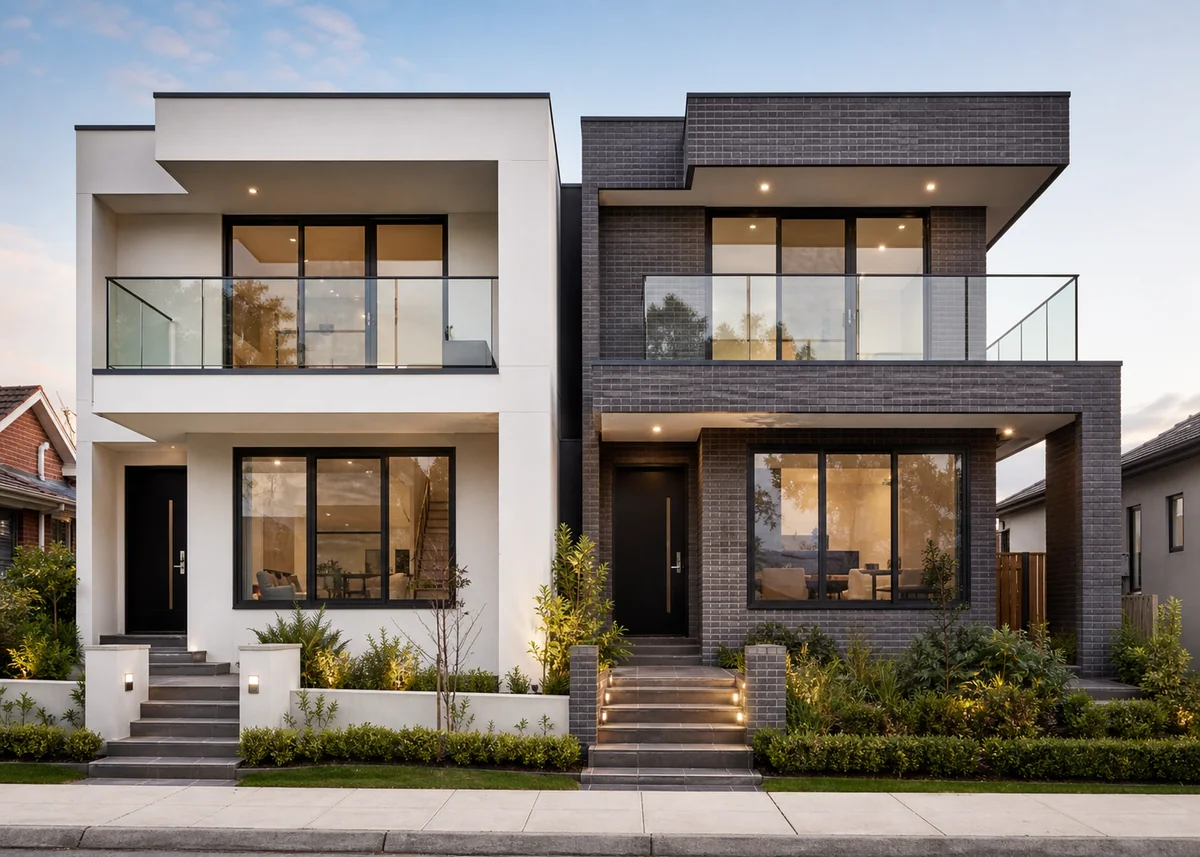 modern house front design: Modern duplex front elevation with staggered glass balconies