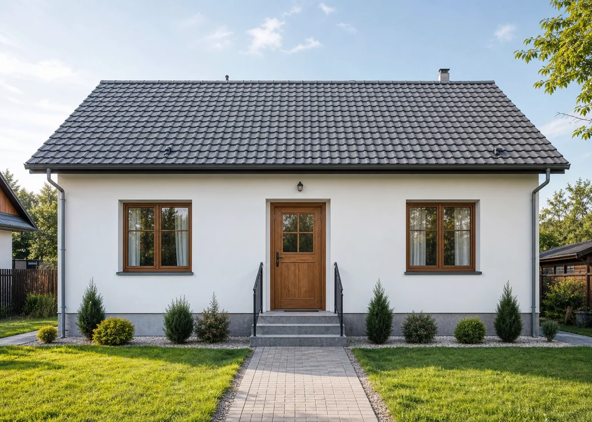 simple house front design: Simple single-storey house front design with white walls and centred wooden door