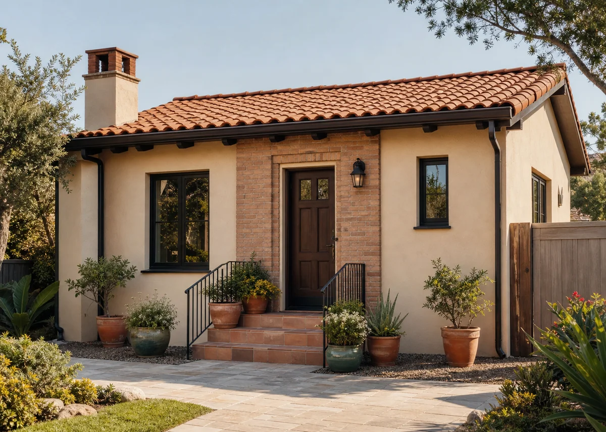 simple house front design: Simple house front elevation with beige render and brick accent around the entrance