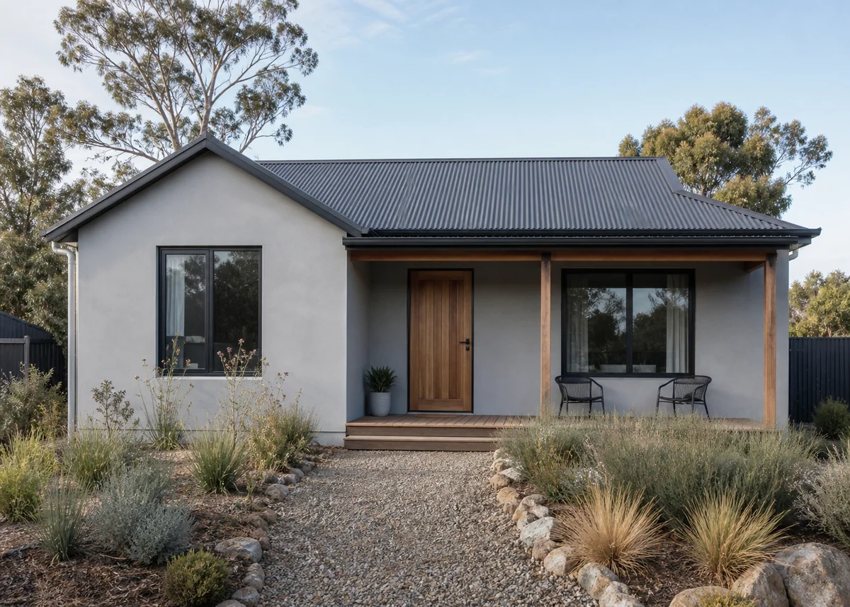 simple house front design: Budget-friendly simple house facade with metal roof and timber door