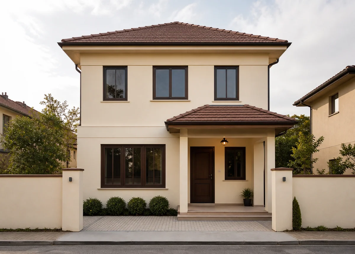 simple house front design: Simple two-storey house front design with cream walls and covered porch