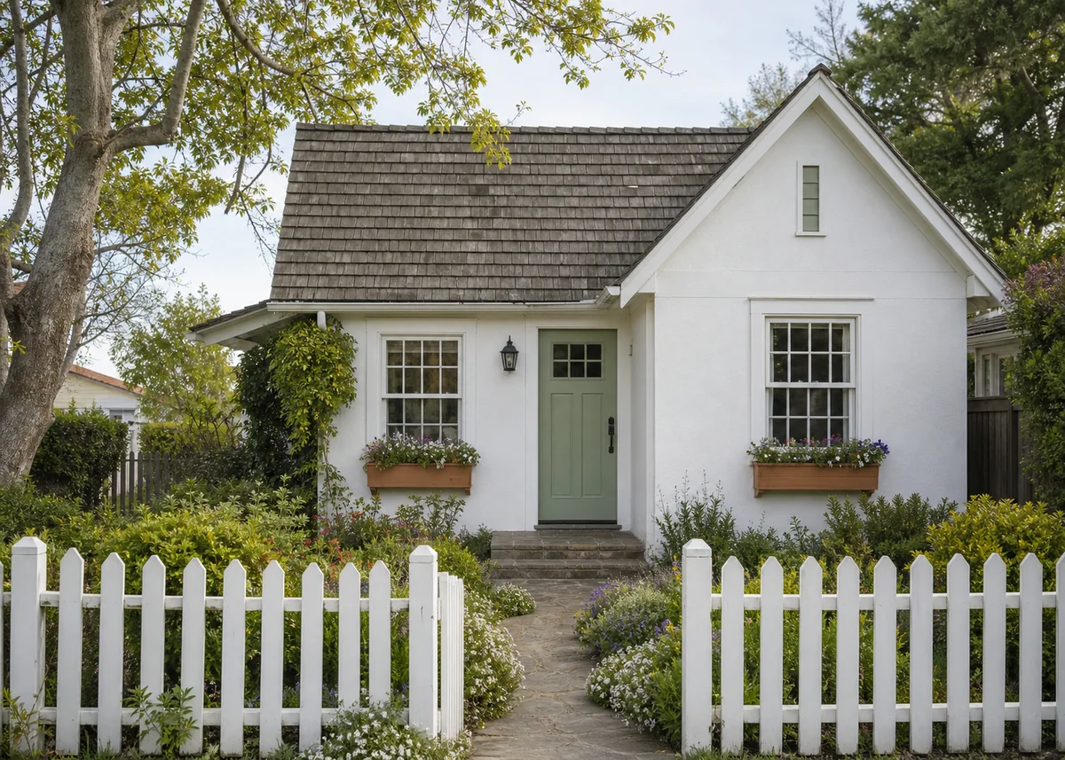 simple house front design: Simple cottage front elevation with sage green door and flower boxes