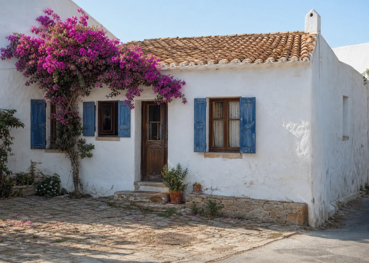 simple house front design: Simple whitewashed house front with blue shutters and bougainvillea