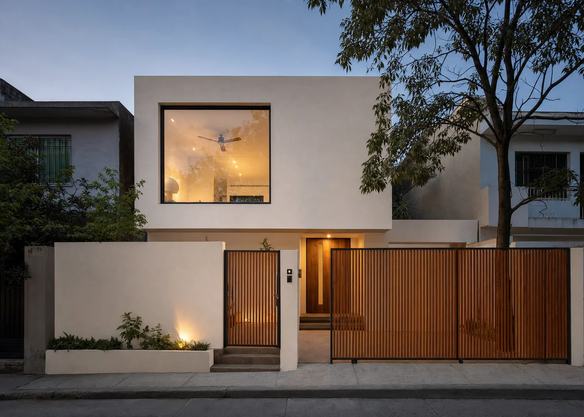 simple house front design: Simple modern box house front with warm white render and wooden gate