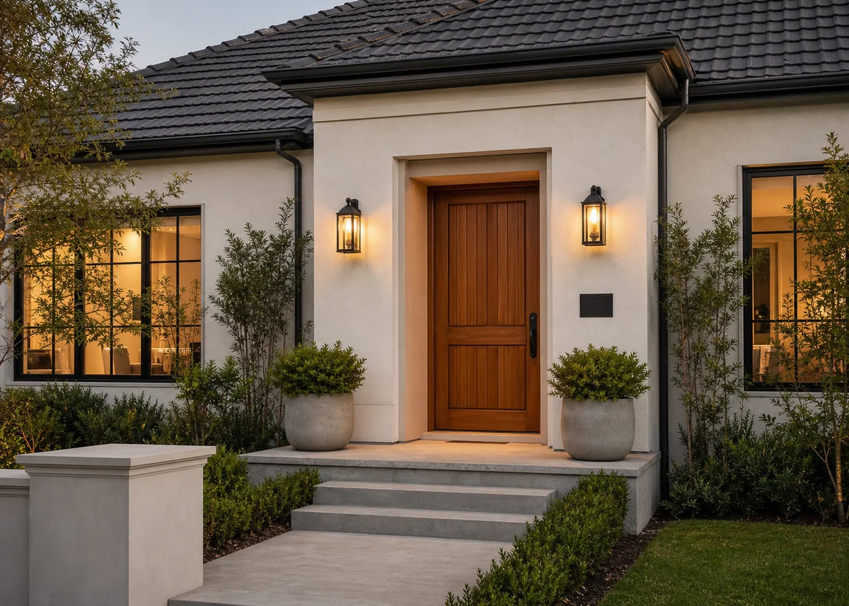 simple house front design: Simple house entrance with timber door, twin lanterns and clear house number