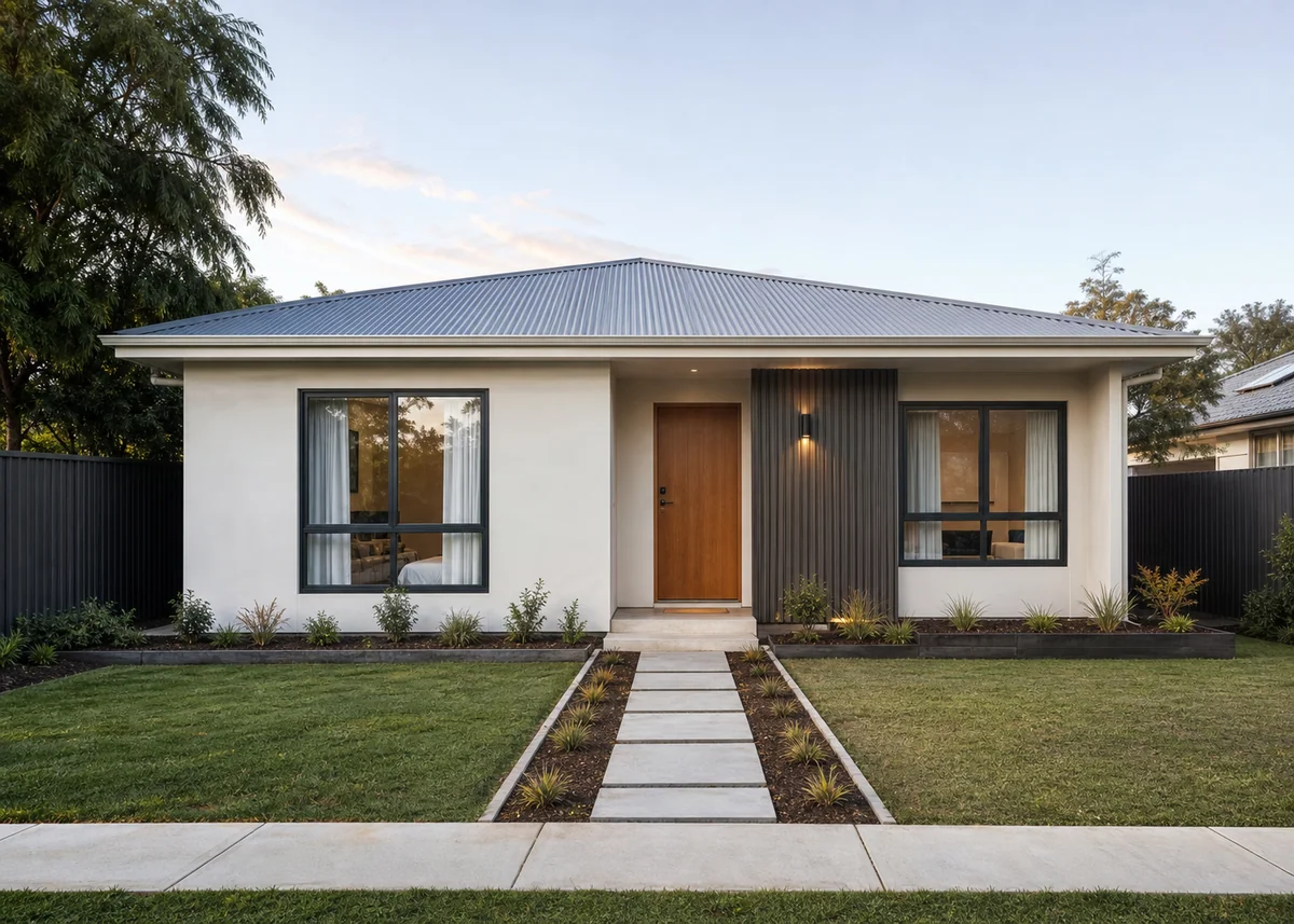 simple house front design: Economical simple house front with batten accent panel and straight paver path