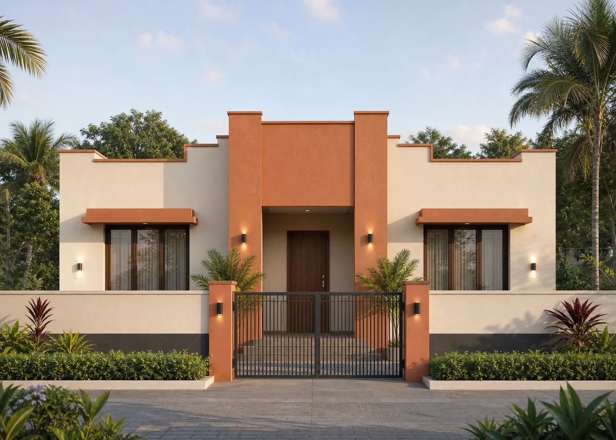 single floor house front design: Single floor house front with stepped parapet and terracotta entry block