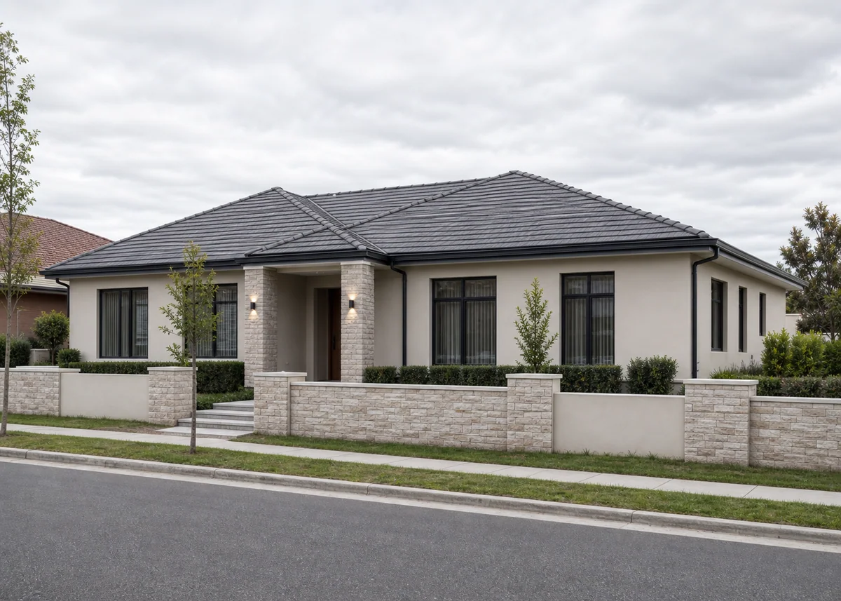 single floor house front design: Single-storey hip roof house front with stone-clad entry porch