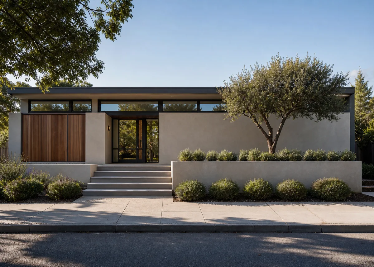 single floor house front design: Contemporary single floor facade with raised plinth and clerestory windows