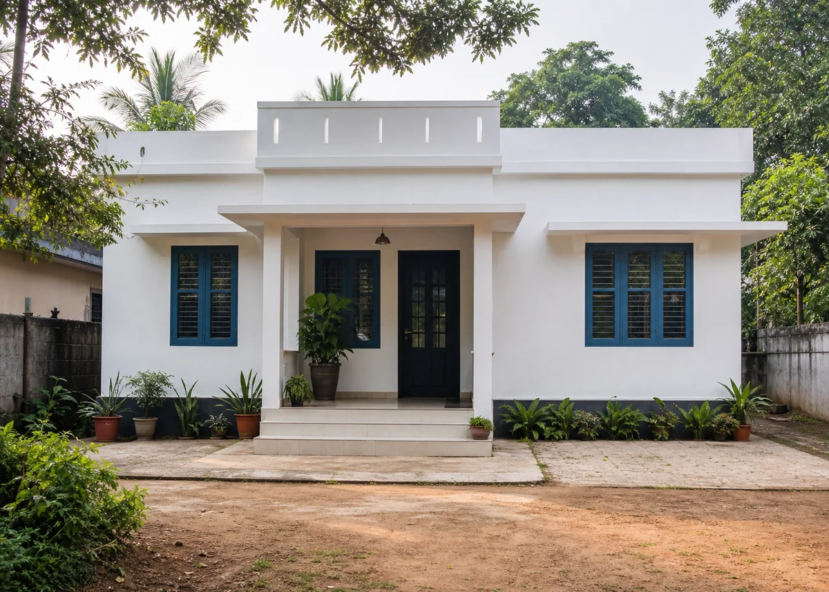 single floor house front design: Simple single floor house front with white walls and small tiled porch