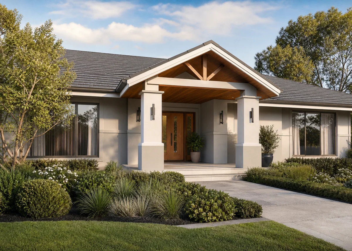 single floor house front design: Single-storey front with feature entry gable and timber porch ceiling