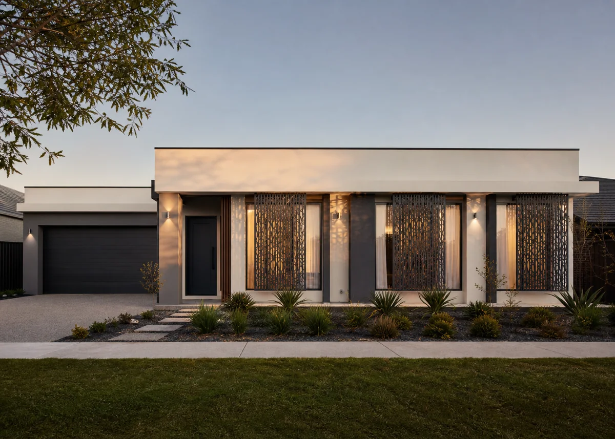 single floor house front design: Modern single floor elevation with laser-cut privacy screens