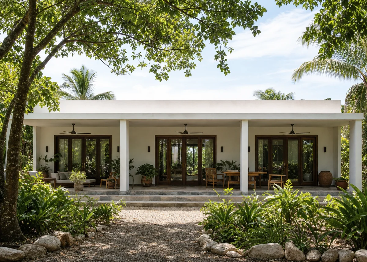single floor house front design: Single floor house with full-width shaded verandah and tropical planting