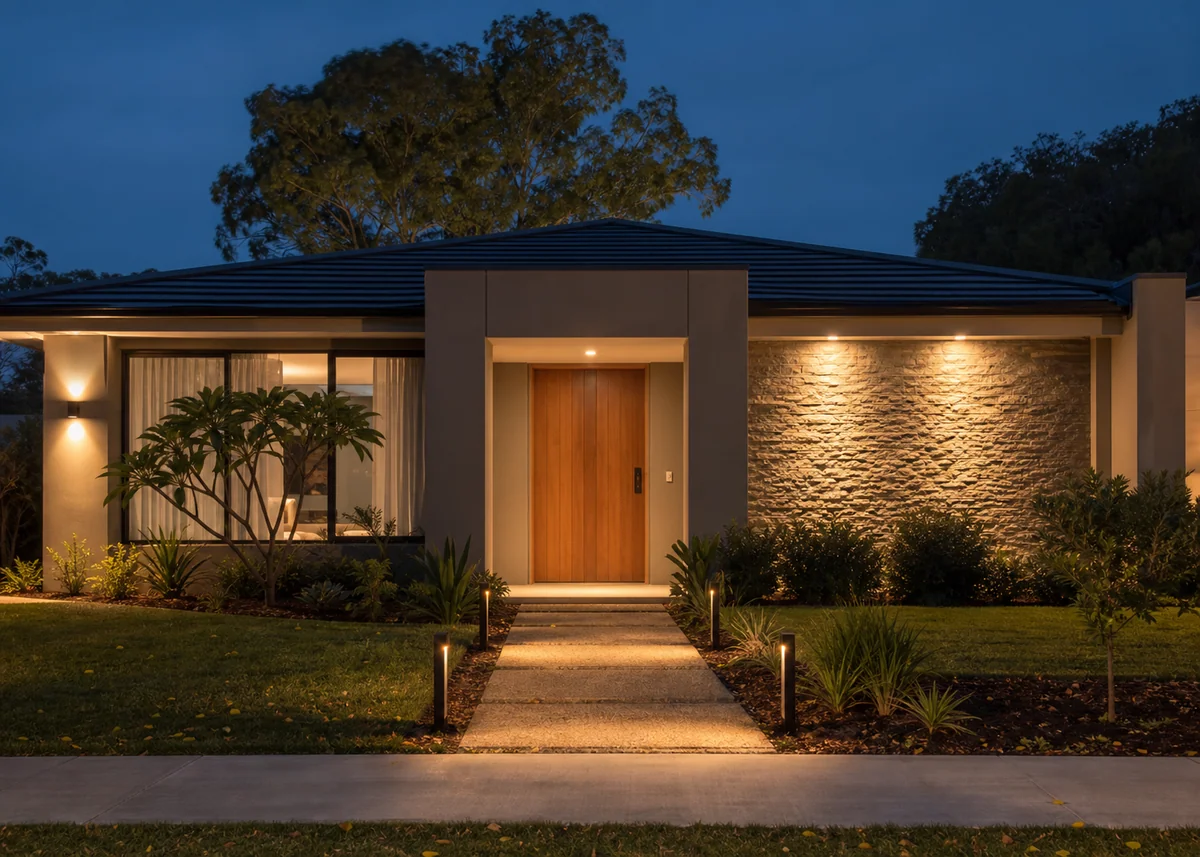 single floor house front design: Single-storey house front at night with layered warm lighting