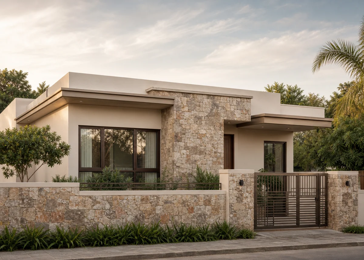 single floor house front design: Single floor elevation with stone feature wall and matching compound wall