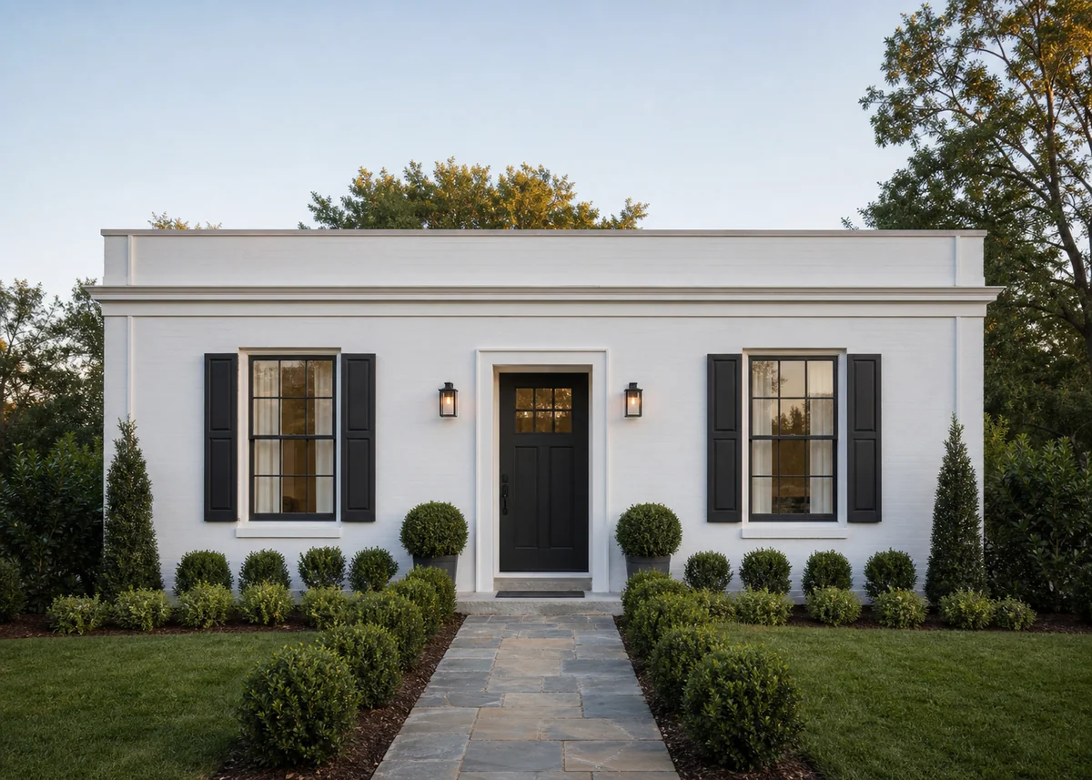 single floor house front design: Symmetrical single floor house front with coping band parapet