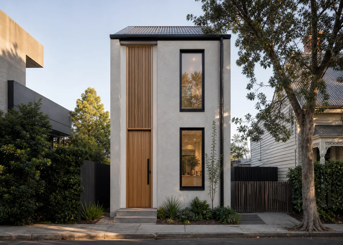 small house front design: Small narrow house front with vertical battens and tall front door