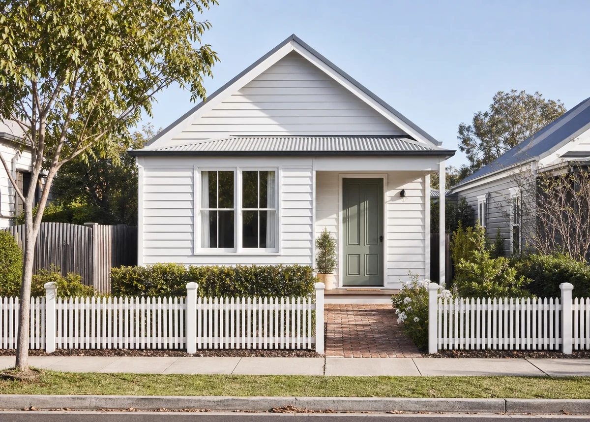 small house front design: Compact cottage front with single street-facing gable and sage door