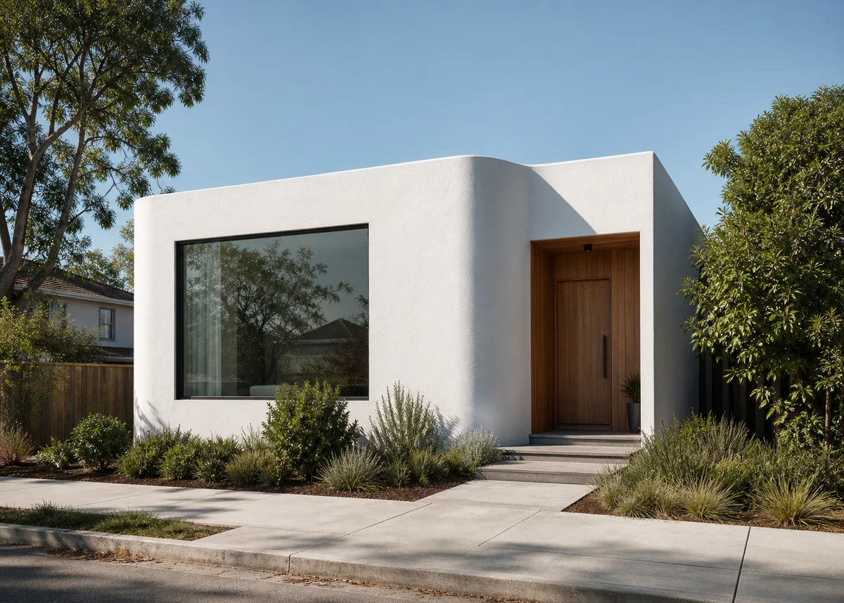 small house front design: Small modern house front in continuous white render with one large window
