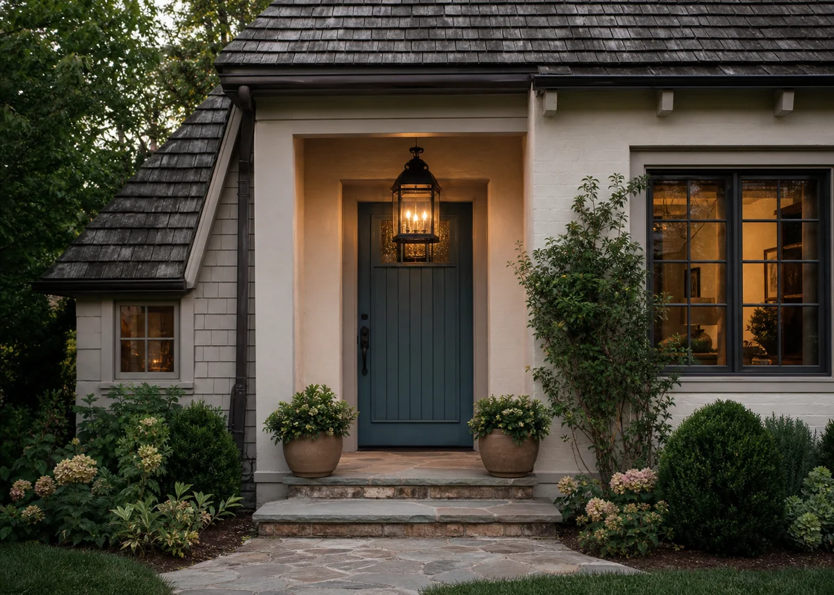 small house front design: Small house entrance with deep-set door and deliberately oversized lantern