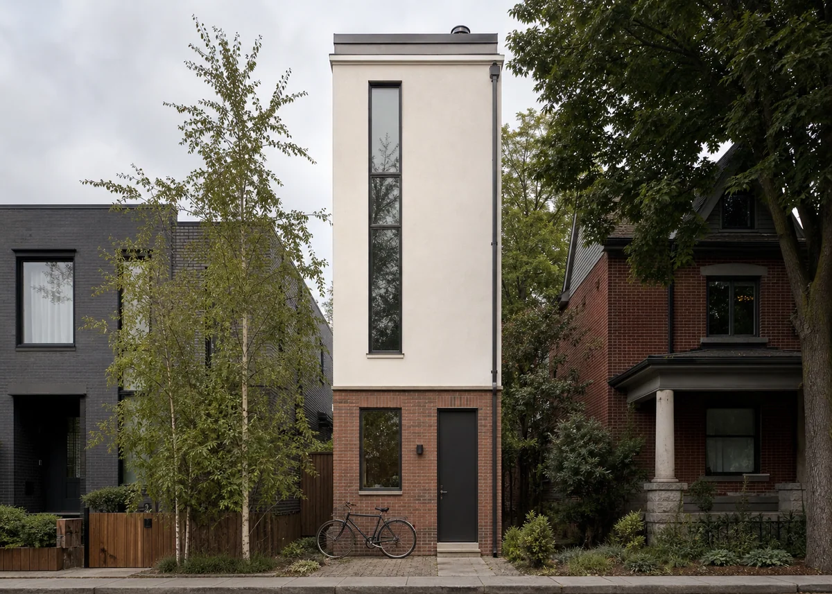 small house front design: Narrow urban infill house facade with tall slot window