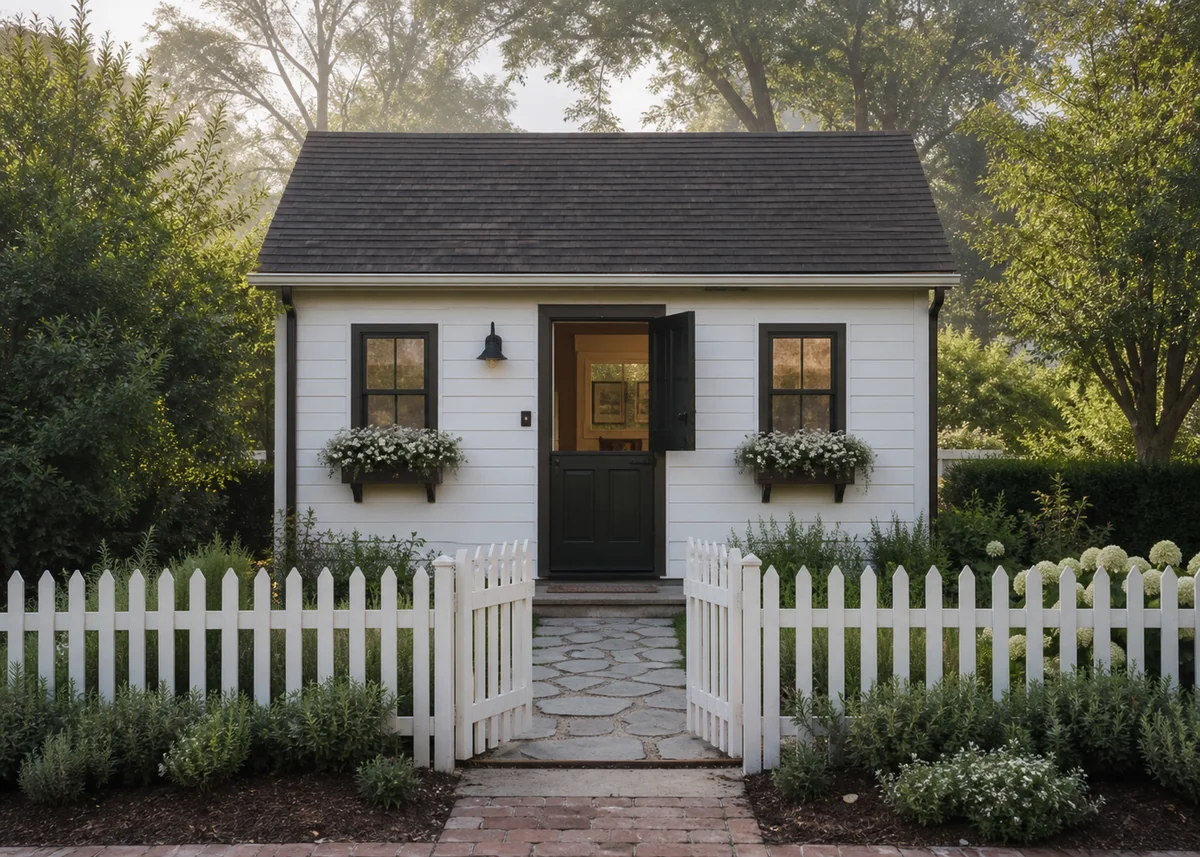 small house front design: Tiny house front with Dutch door and aligned gate, path and entrance