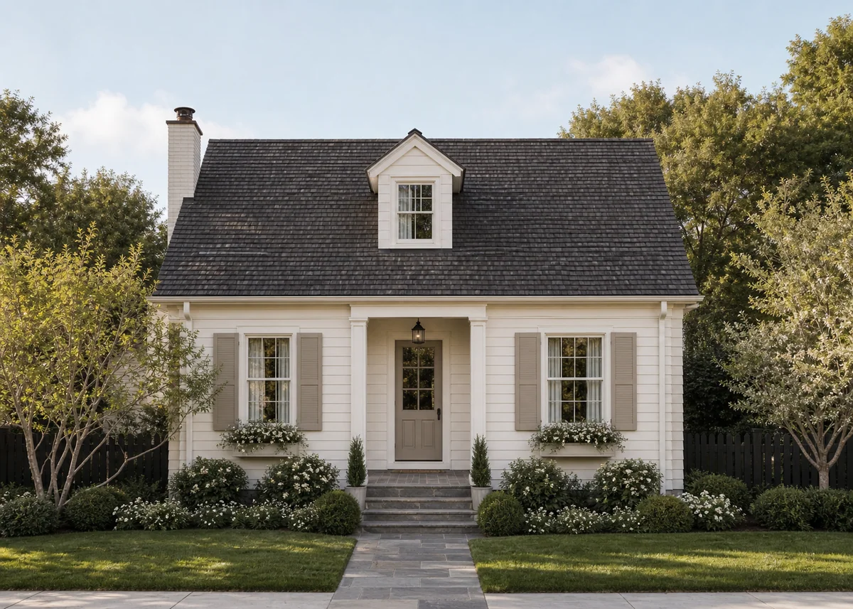 small house front design: Small single-storey house with steep roof, dormer and slender chimney
