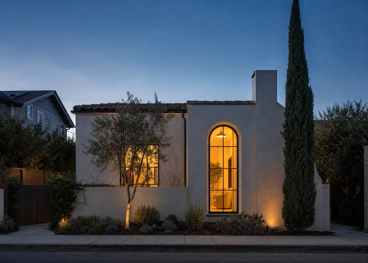 small house front design: Small house facade at dusk with tall glowing entry window and cypress