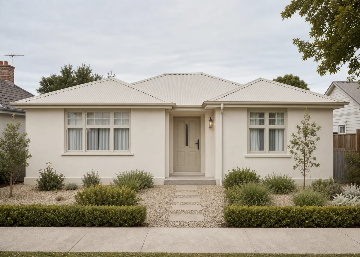 small house front design: Compact house front unified in one pale colour with simple garden