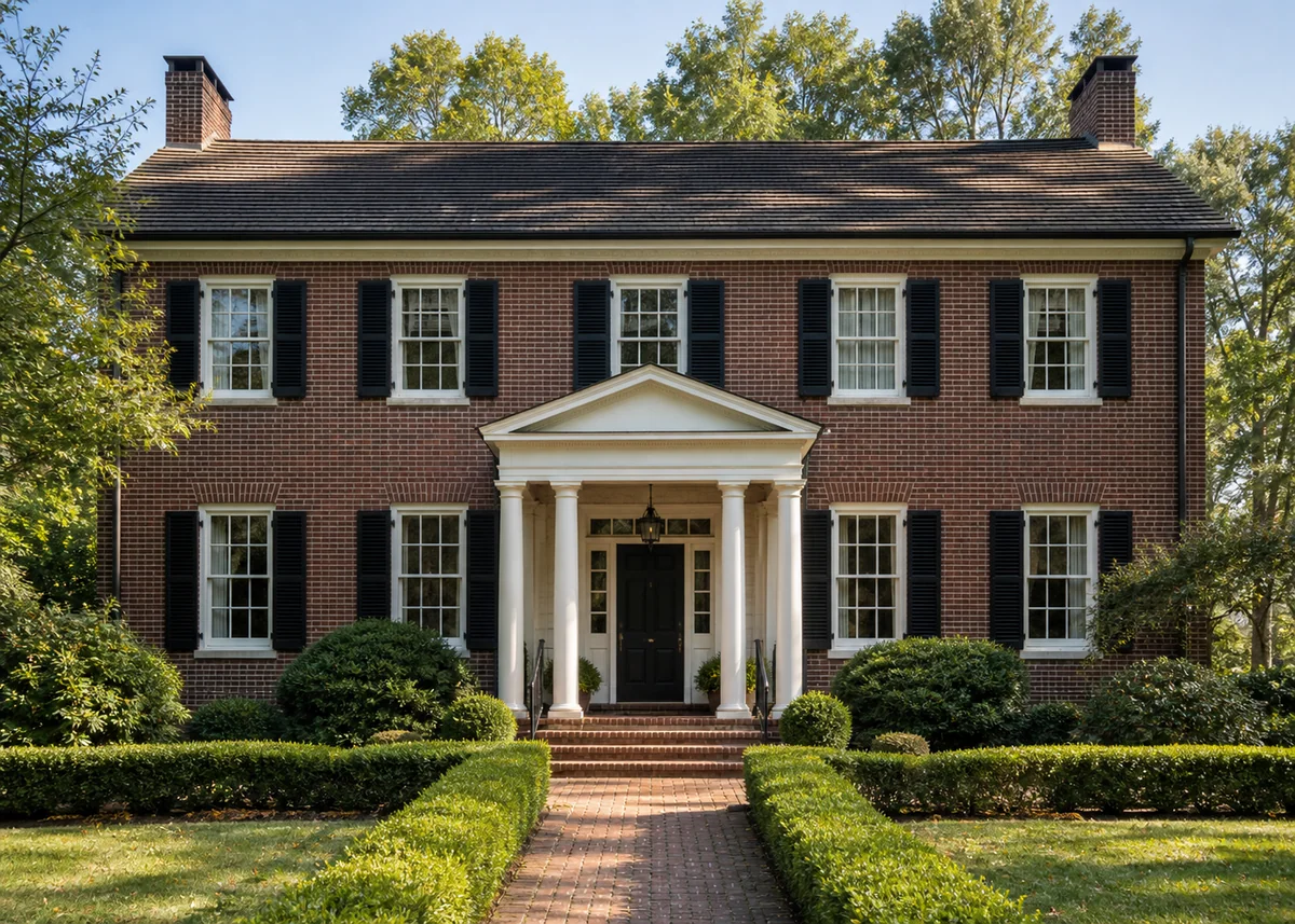 traditional house front design: Traditional colonial house front with red brick, white portico and black shutters