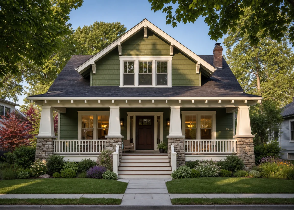 traditional house front design: Craftsman house front with deep porch, tapered columns and stone piers