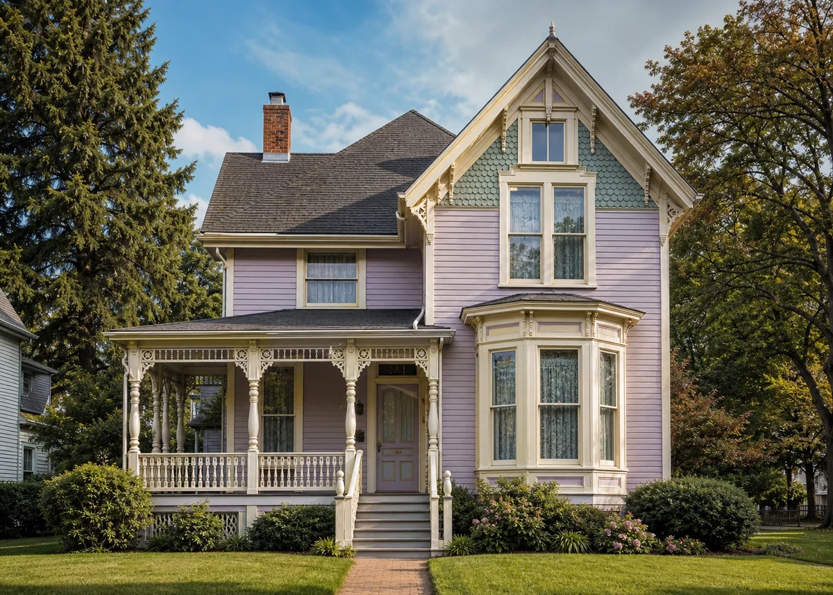 traditional house front design: Victorian house front with fretwork porch, bay window and decorative gable